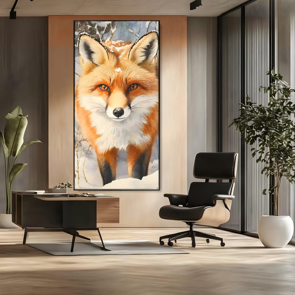 Tablou canvas cu tablou canvas cu vulpe in zapada, in rama de aluminiu negru, pe perete intr-un birou
